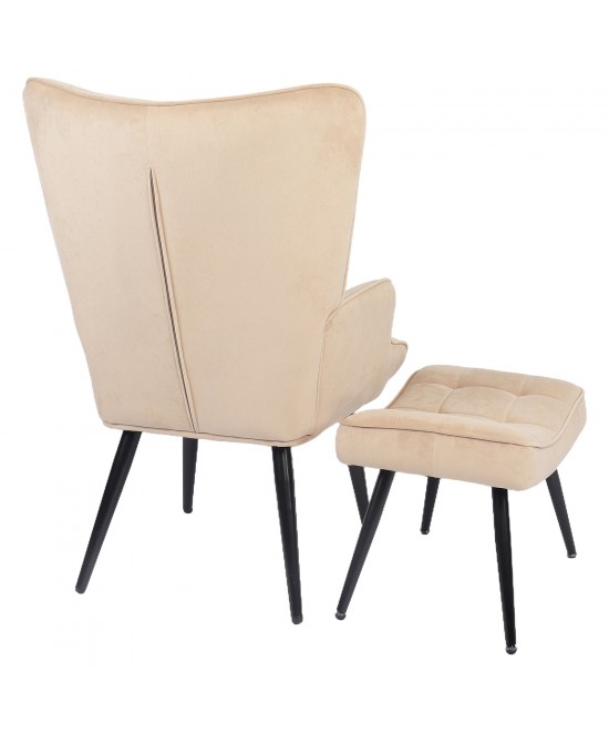 Πολυθρόνα Μπερζέρα Με Υποπόδιο ArteLibre LENNOX Μπεζ Βελούδο/Ξύλο 96x68x73cm