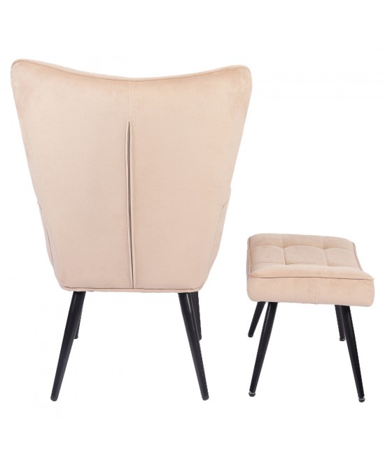 Πολυθρόνα Μπερζέρα Με Υποπόδιο ArteLibre LENNOX Μπεζ Βελούδο/Ξύλο 96x68x73cm