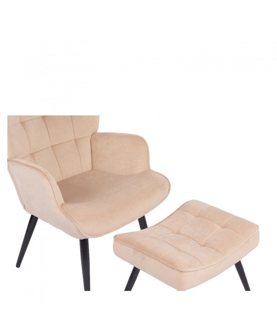 Πολυθρόνα Μπερζέρα Με Υποπόδιο ArteLibre LENNOX Μπεζ Βελούδο/Ξύλο 96x68x73cm