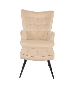 Πολυθρόνα Μπερζέρα Με Υποπόδιο ArteLibre LENNOX Μπεζ Βελούδο/Ξύλο 96x68x73cm