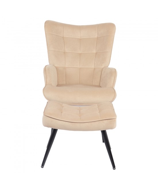 Πολυθρόνα Μπερζέρα Με Υποπόδιο ArteLibre LENNOX Μπεζ Βελούδο/Ξύλο 96x68x73cm