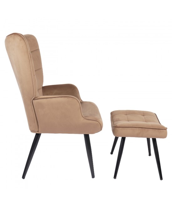 Πολυθρόνα Μπερζέρα Με Υποπόδιο ArteLibre LENNOX Καφέ Βελούδο/Ξύλο 96x68x73cm