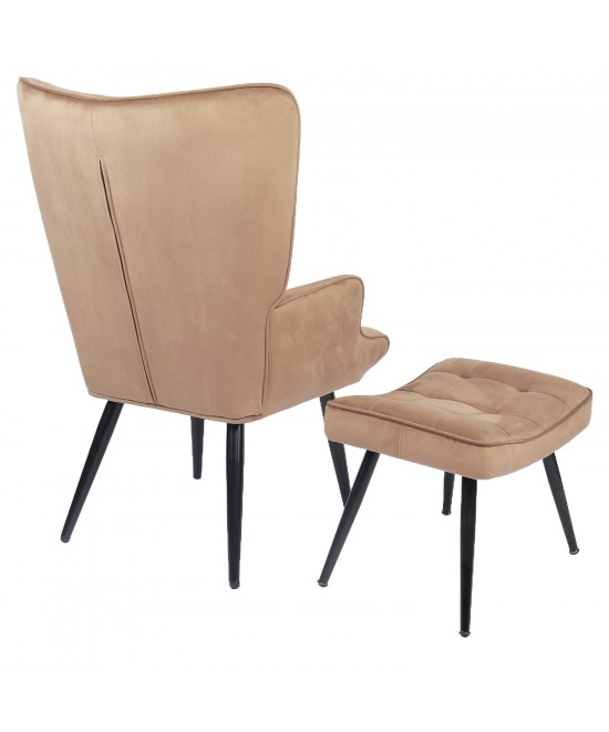 Πολυθρόνα Μπερζέρα Με Υποπόδιο ArteLibre LENNOX Καφέ Βελούδο/Ξύλο 96x68x73cm