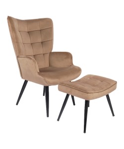 Πολυθρόνα Μπερζέρα Με Υποπόδιο ArteLibre LENNOX Καφέ Βελούδο/Ξύλο 96x68x73cm