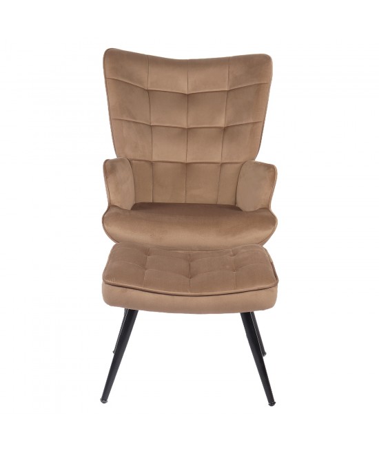 Πολυθρόνα Μπερζέρα Με Υποπόδιο ArteLibre LENNOX Καφέ Βελούδο/Ξύλο 96x68x73cm