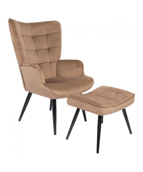 Πολυθρόνα Μπερζέρα Με Υποπόδιο ArteLibre LENNOX Καφέ Βελούδο/Ξύλο 96x68x73cm