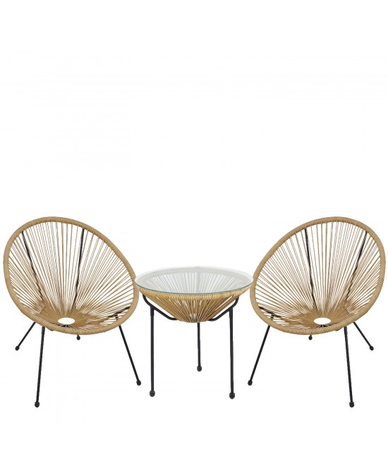 Σετ Τραπεζαρία Κήπου ArteLibre GANYMEDE Φυσικό/Μαύρο Μέταλλο/Rattan/Γυαλί Με 2 Πολυθρόνες 14990486