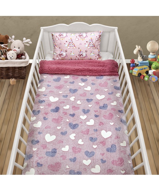 LINO ΚΟΥΒΕΡΤΑ FLEECE SHERPA ΦΩΣΦΟΡΙΖΕ HERZ PINK 110X150
